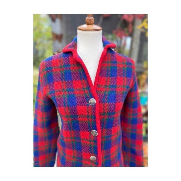 50s 60s Hudson’s Bay Plaid Wool Sweater Metal Crest Buttons Jacket Rare Sz 37 - Picture 2 of 16
